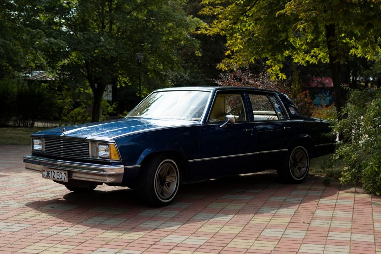 Niebieski Chevrolet Malibu zaparkowany wśród zieleni na brukowanej ście